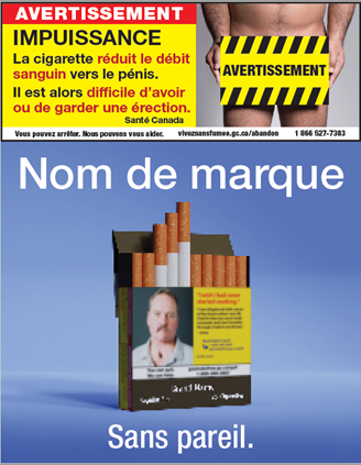 Une photo d'un paquet de cigarettes avec le message : Avertissement. Impuissance. La cigarette réduit le débit sanguin ver le pénis. Il est alors difficile d’avoir ou de garder une érection.