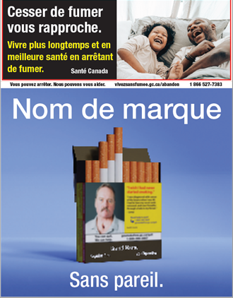 Une photo d'un paquet de cigarettes avec le message : Cesser de fumer vous rapproche. Vivre plus longtemps et en meilleur sante en arrêtant de fumer.