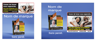 Trois versions de concept 3 Cesser de fumer vous rapproche avec un emplacement différent pour l’avertissement ou le message. Dans l’une des versions, l’avertissement figurait dans le haut de la publicité et dans l’autre, il apparaissait dans l’encadré, à droite.