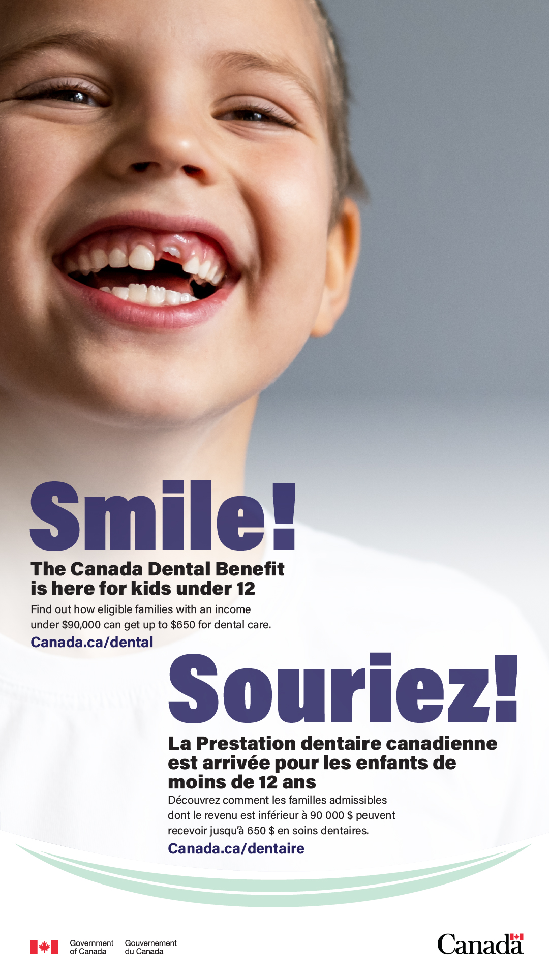 A smiling little boy on a poster for the Canada Dental Benefit.