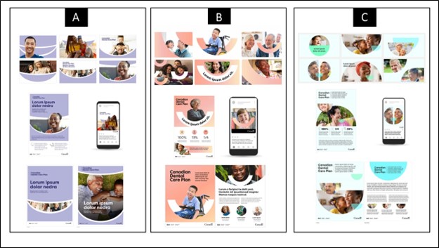 A composite of three design schemes. Panel A presents purple theme with white cut outs in the shape of a smile with photos of smiling people.  Panel B presents a peach and pink theme with peach or white smile-shaped cut outs and different smiling people.  Panel C presents blue, teal and green theme with a different circular design and photos of smiling people.