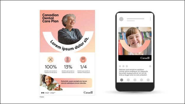 Description: Peach, pink and white colour-scheme presented for print and digital ads. Include pictures of people smiling with white cut outs of a smile shape.  Key statistics presented in black font with circular symbols presented in peach and pink (with placeholder text).
