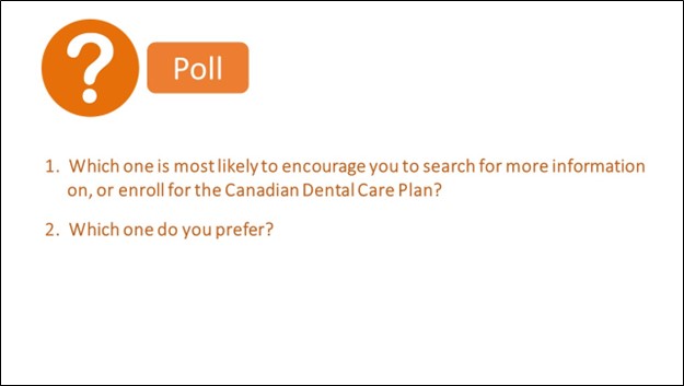 Description: White question-mark in orange circle indicates a poll.  The questions are posed, “Which [ad concept] is more likely to encourage you to search for more information on, or enroll for the Canadian Dental Care Plan?”, and, “Which one do you prefer?”
