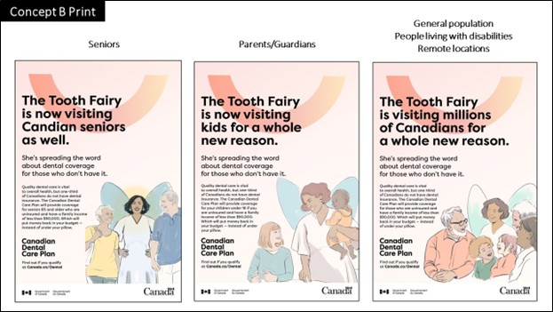 print ad in the second panel has a background that is peach and pink and features the tooth fairy and smiling family members