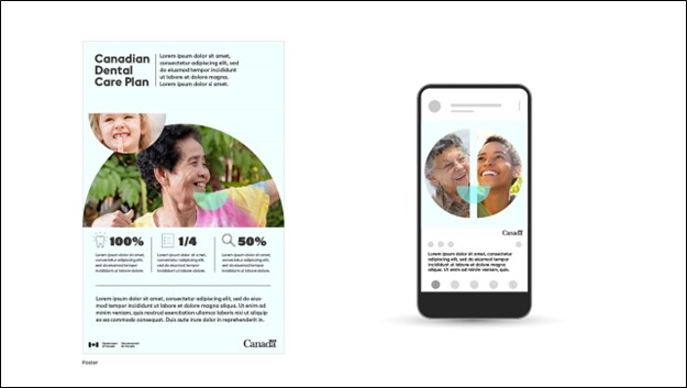 Description: Samples of print and digital campaign materials in light blue, black and white show smiling people on circular backgrounds with teal or green-coloured smile shaped cutouts.