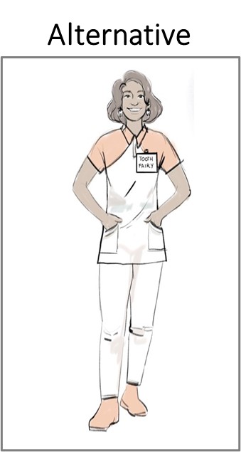 A picture of the tooth fairy wearing dental scrubs. Her name tag reads, Tooth fairy