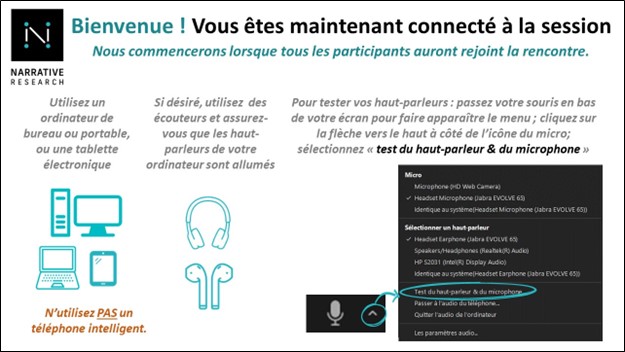 La page d'accueil pour Narrative Research fournit des instructions textuelles aux participants et des icônes pour représenter chaque instruction.