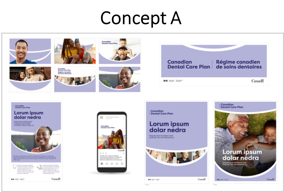 Une image composite de toutes les publicités du concept A, y compris les exemples imprimés et numériques. Les images présentent des photographies de personnes souriantes. Les annonces contiennent un texte de remplacement.