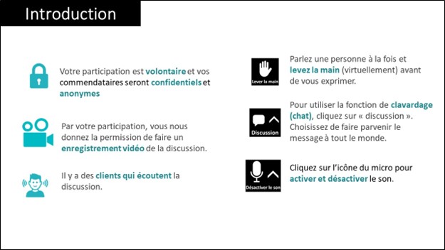 La page d'introduction fournit des instructions textuelles au participant avant de commencer et comprend des icônes visuelles pour chaque instruction.