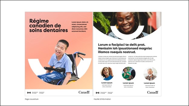 Publicité de couleur pêche avec un garçon souriant en fauteuil roulant sur la couverture et des photos plus petites d'autres citoyens figurant sur la deuxième page, celles-ci étant présentées dans des cercles et mises en évidence par des images découpées en forme de sourire en blanc.