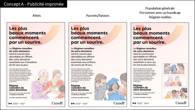 Le deuxième cadre montre trois versions de l'annonce imprimée, une pour chaque public cible (personnes âgées de 65 ans et plus, enfants de moins de 18 ans et population générale).