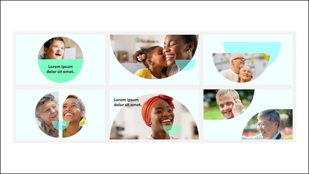 Échantillon de campagne en bleu, vert et sarcelle avec des photos de personnes souriantes dans des formes circulaires. Le texte en caractères noirs fournit des détails sur le Régime canadien de soins dentaires.