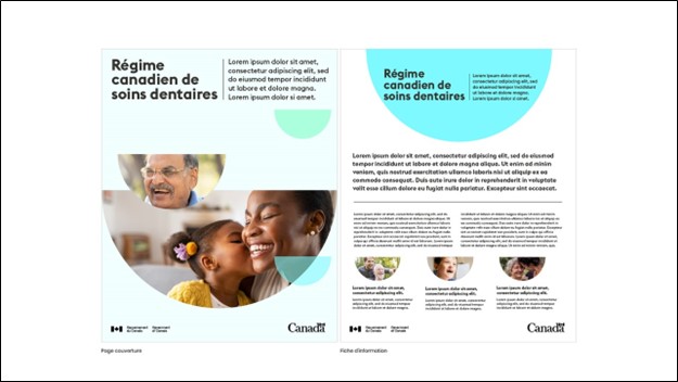 Échantillon de campagne en bleu, vert et sarcelle avec des photos de personnes souriantes dans des formes circulaires. Le texte en caractères noirs fournit des détails sur le Régime canadien de soins dentaires.