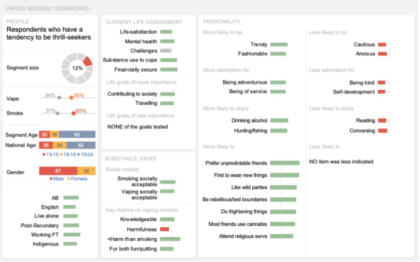 Dashboard of this segment visually representing the key results described above in the text.