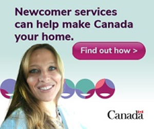 Title: Newcomer Services Ad 1 - Description: A square internet banner advertisement image is presented. At the top is a headline which reads "Newcomer services can help make Canada your home." Below this is a bubble with the words "Find out how" with a small arrow. Below this is the image of a woman looking toward the camera in front of a series of colourful circles that resemble faces. In the bottom right is the Government of Canada logo.