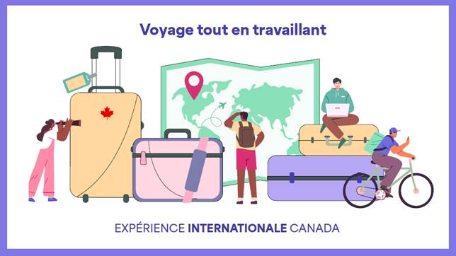 Une collection de personnages dessins comprenant des bagages et une carte du monde sous le texte  Voyager tour en travaillant  et au-dessus du texte  Exprience internationale Canada .