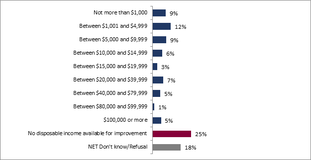 This graph shows respondents' disposable income for a home improvement project. The distribution is as follows :

Not more than $1,000 : 9%;
Between $1,001 and $4,999 : 12%;
Between $5,000 and $9,999 : 9%;
Between $10,000 and $14,999 : 6%;
Between $15,000 and $19,999 : 3%;
Between $20,000 and $39,999 : 7%;
Between $40,000 and $79,999 : 5%;
Between $80,000 and $99,999 : 1%;
$100,000 or more : 5%;
No disposable income available for improvement : 25%;
NET Don't know/Refusal : 18%.