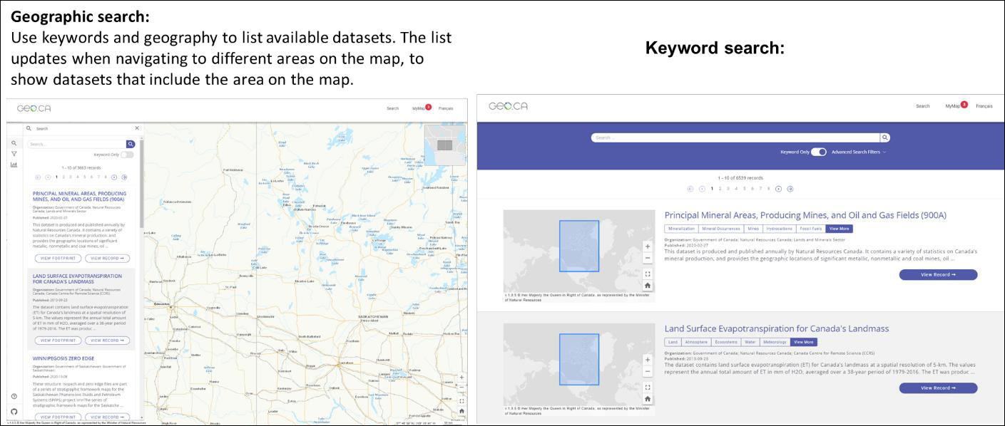 A pair of screenshots represent the geographic and keyword searches.