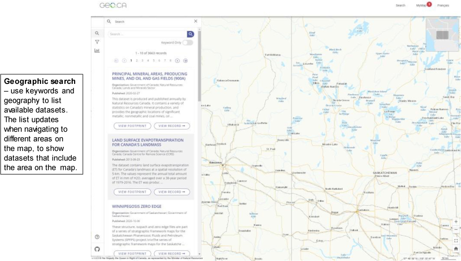 A screenshot illustrates a geographic search in the Geo dot C 'A' website.