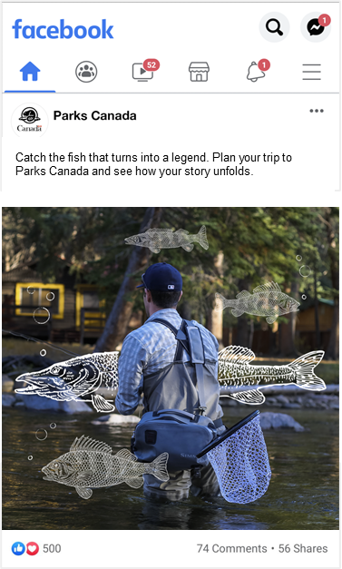 Image is an example of a Facebook ad. The ad is a still photo of a man fly-fishing and two fish are sketched in white lines on the photo.