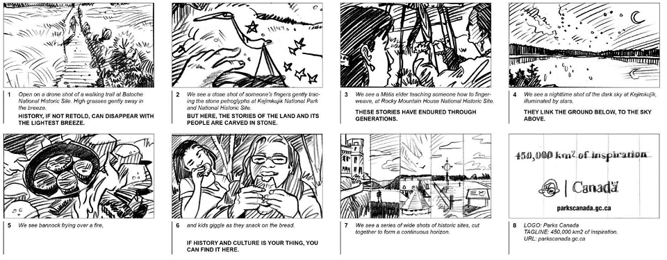 Image is a series of eight sketches depicting the ad and the text of the accompanying voiceover. Sketches illustrate different indigenous experiences available at select national historic sites and national parks.