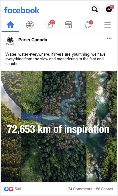 Image is an example of a Facebook ad. The ad is a composition of four different still photos of rivers aligned to appear as if the rivers flow together. Text says: 72,653 km of inspiration.