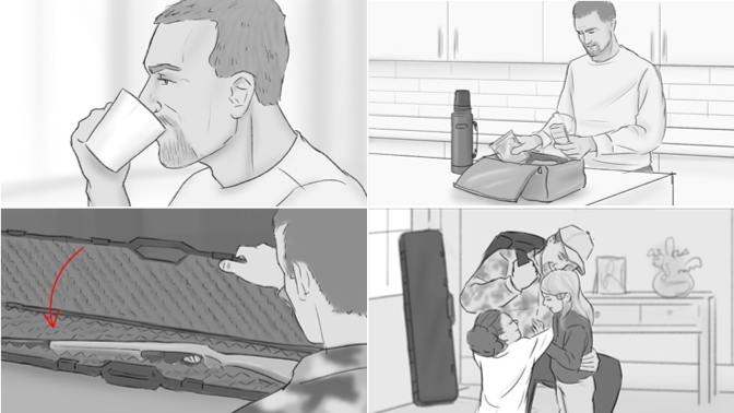 An animatic for Ad Concept H: Sense of Responsibility that is split into four quadrants. The top left quadrant depicts a man drinking from a mug. The top right quadrant depicts a man packing a lunch bag. The bottom left quadrant depicts a man closing the lid on a firearms case with a firearm inside. The bottom right quadrant depicts a man hugging two children with a firearm case in the background. 