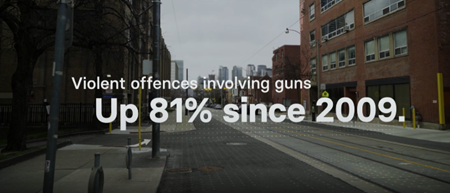 An empty city street. Text reads Violent offences involving guns up 81% since 2009.