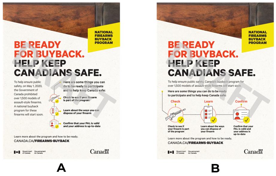 Two versions of a print ad concept, with each version labelled A and B. Both versions have the text National Firearms Buyback Program in a yellow box in the upper-right corner, and a close up image of a firearm texture across the top of the ad. Each version has a list of three steps to be ready to participate in the buyback program, with each step being represented by the following icons: an assault style firearm, a website displayed on a mobile phone, and a firearms license. Each icon has a checkmark beside it. Print Ad 2A has a vertical checklist, and Print Ad 2B has a horizontal checklist. Both versions have the heading text Be ready for buyback. Help keep Canadians safe.. 

Text on both versions reads To help ensure public safety, on May 1, 2020, the Government of Canada prohibited over 1,500 models of assault style firearms. A national buyback program for these firearms will start soon. Here are some things you can do to be ready to participate and to help keep Canada safe: check to see if your firearm is part of the program, learn about the ways you can dispose of your firearm, confirm that your PAL is valid and your address is up to date. Learn more about the program and how to be ready: canada.ca/firearms-buyback.

