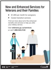 Title: Description of Concept C - Description: Idea:
Using two specific new supports as examples of what is available for families and Veterans, this concept calls upon them to learn more.
Objective:
After leaving the military, Veterans and their families look like any Canadian family in day-to-day life. This illustration makes that point and profiles some of the supports that can be accessed as they move on in their lives. 