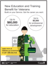 Title: Description of Concept B - Description: Idea:
This concept announces a specific new benefit that is now available and provides detail about the kind of support it offers. Using a composite illustration, it is aimed at people thinking of retraining for a career using skills and knowledge acquired in the military. 
Objective:
To provide detailed information on the type of support available, this concept aims to encourage Veterans and their families to seek more information on a specific benefit. 