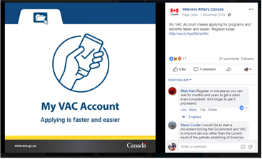 Title: My VAC Account Facbook post - Description: Facebook post with an image of a file folder on the left hand side, with an image of a hand holding a smartphone with a checkmark in the middle. Below the hand are the words "My VAC Account" in large font and below this the words "Applying is faster and easier." To the right, below an image of a Canadian flag and the words "Veterans Affairs Canada" we can read: "My VAC Account makes applying for programs and benefits faster and easier. Register today:" followed by a link that brings the visitor to the VAC website.