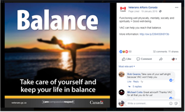 Title: Balance Post - Description: The image features the shadow of a woman striking a yoga pose (balancing stick pose). She is on the shore with a sunset or sunrise in the background. The word "Balance" in large font features prominently across the top. Along the bottom of the image is written in smaller font: "Take care of yourself and keep your life in balance" To the right, below an image of a Canadian flag and the words "Veterans Affairs Canada" we can read: "Functioning well physically, mentally, socially and spiritually = Good well-being. VAC can help you reach that balance. More information:" followed by a link that brings the visitor to the VAC website.