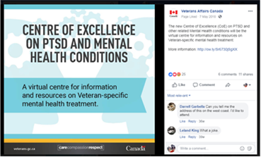 Title: Centre of Excellence on PTSD Post - Description: The image features the words "Centre of Excellence on PTSD and Mental Health Conditions" in large font across the top. Below this is written in smaller font: "A virtual centre for information and resources on Veteran-specific mental health treatment." In the background, we see the profile of two heads facing each other with cogs in and above the heads. To the right, below an image of a Canadian flag and the words "Veterans Affairs Canada" we can read: "The new Centre of Excellence (CoE) on PTSD will be the virtual centre for information and resources on Veteran-specific mental health treatment. More information:" followed by a link that brings the visitor to the VAC website.