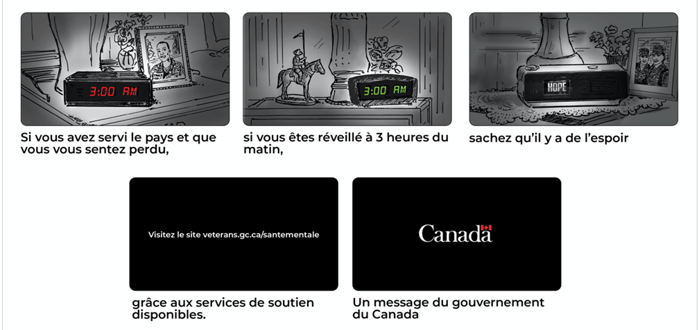 Texte du scnario
 Si vous avez servi le pays et que vous vous sentez perdu, si vous tes rveill  3 h du matin, sachez quil y a de lespoir grce au soutien disponible. Un message du gouvernement du Canada 
Les images montrent trois tables de nuit diffrentes. Les rveille-matin numriques des deux premiers indiquent 3 h du matin. Le troisime rveille-matin dit  ESPOIR 
Le texte de fin :  Visitez veterans.gc.ca/mentalhealth  et le mot-symbole du Canada