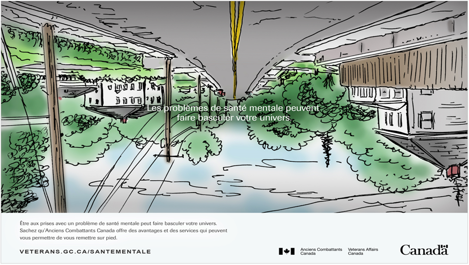 Limage dune rue urbaine  lenvers avec le texte au centre :  Les problmes de sant mentale peuvent faire basculer votre univers. 
Le texte en bas de limage :  tre aux prises avec un problme de sant mentale peut faire basculer votre univers. Sachez quAnciens Combattants Canada vous offre des avantages et des services qui peuvent vous permettre de vous remettre sur pied. veterans.gc.ca/santementale  avec le logo dAnciens Combattants Canada et le mot-symbole du Canada