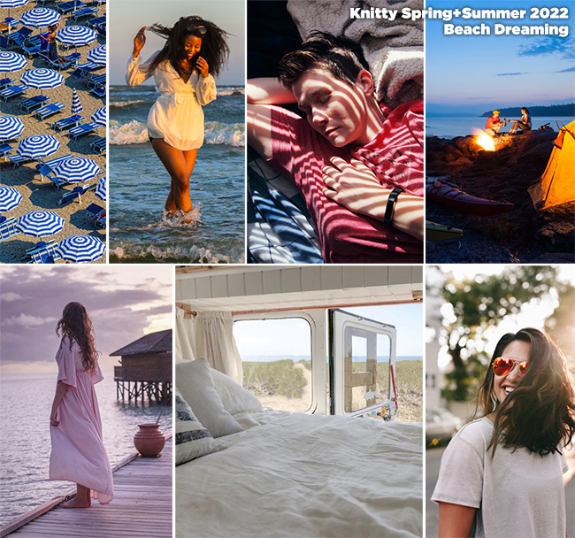 spring and summer mood board, featuring blue and white striped umbrellas, floaty short or long layers, linen sheets on a bed in a camper by the beach, lots of t-shirts