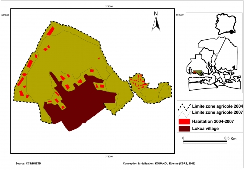 Figure 3. Variation des superficies bâties autour du village Lokoa