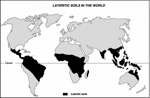 Figure 1. Schéma de répartition des couvertures latéritiques à la surface du globe.