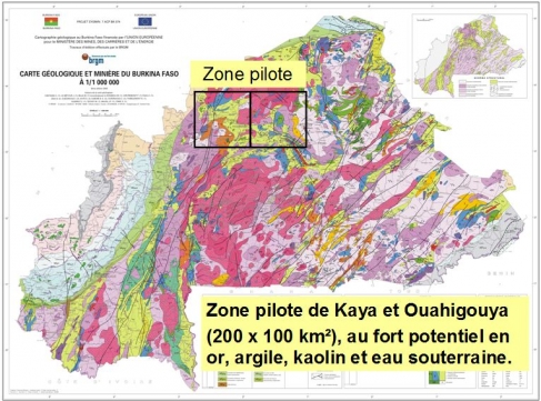 Figure 3. Localisation de la zone pilote de « Kaya-Ouahigouya » (Nord-Burkina Faso) du projet Burkina Faso, Géoressources et Société (BF-GS) sur un fond géologique à 1/1 000 000.
