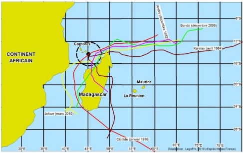 Figure 2. Historique des cyclones à moins de 300 km de Mayotte (1976-2010)