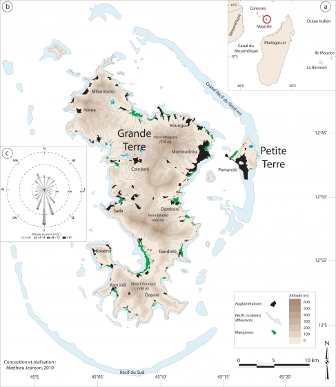 Figure 2. (a) Localisation de Mayotte dans le sud-ouest de l'océan Indien, (b) carte simplifiée du site de l'étude, (c) rose des vents