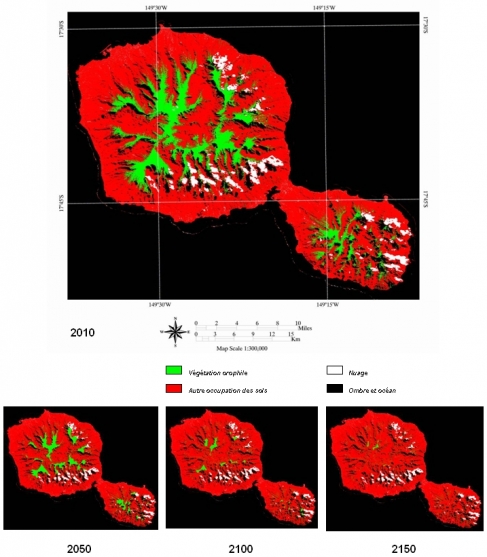 Figure 5. Résultats de la modélisation de la perte et de la fragmentation de la végétation orophile à Tahiti à différents horizons temporels sous l’effet du réchauffement climatique.
