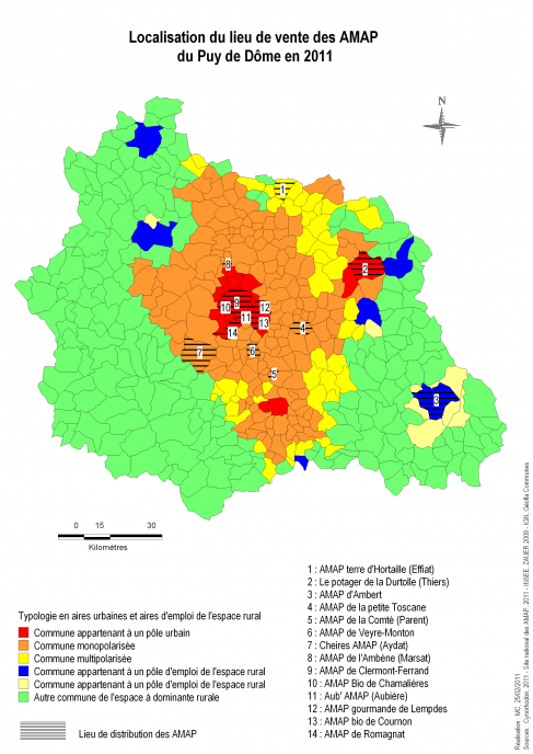 Figure 7. Une localisation préférentielle en périphérie des villes : le cas des AMAP du Puy de Dôme.