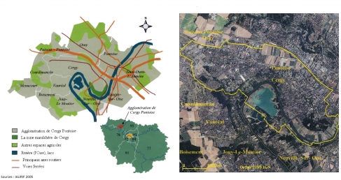 Figure 1. Les zones agricoles dans la ville nouvelle de Cergy-Pontoise avec un gros plan sur la commune de Cergy avec les trois entités maraîchères décrites