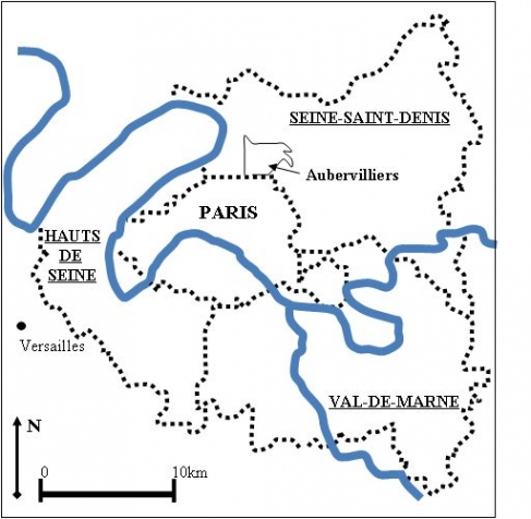 Figure 1. Aubervilliers, commune de proche banlieue parisienne et les départements de la petite couronne