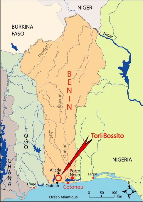 Figure 2. La zone d’étude de Tori Bossito, dans la plaine côtière du sud du Bénin – The study area of Tori Bossito in Southern coastal plain of Benin