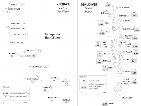Figure 1. Carte de présentation du groupe des îles Gilbert dans l’archipel des Kiribati, et de l’archipel des Maldives