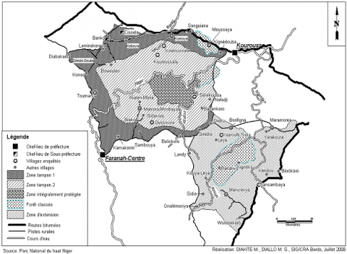 Figure 1. Zonage du PNHN et localisation des villages dans lesquels les enquêtés ont été effectuées