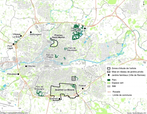 Figure 1. Espaces verts et lieux de nature cultivés dans la ville de Rennes en 2012. 1.